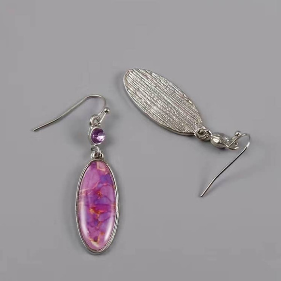 Purple Faux Turquoise Oval ‎ Dangle Earrings Alloy Silver Plated - Picture 5 of 7